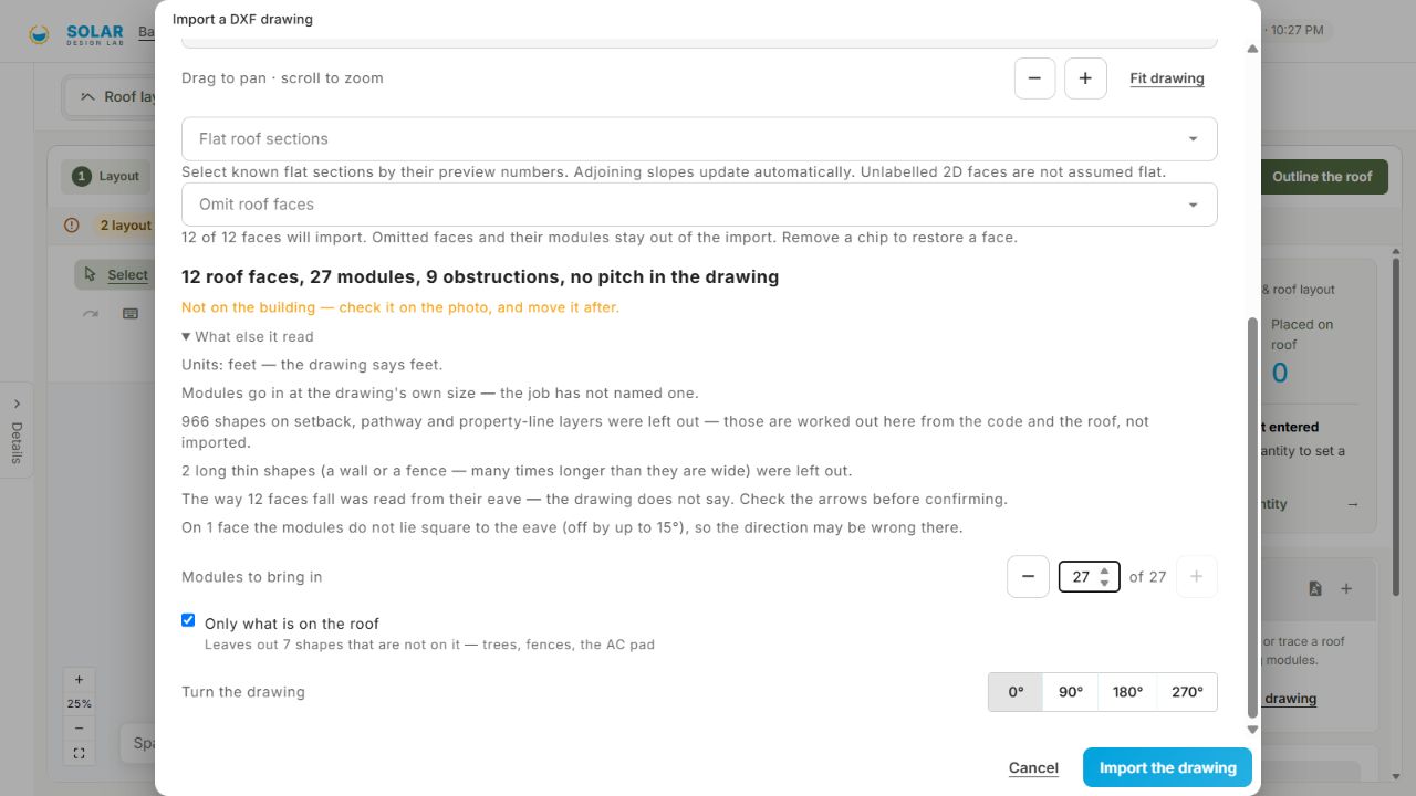 Import review showing detected units, exclusions, module count and rotation controls.