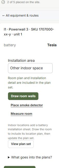 Selected Powerwall 3 with Other indoor space chosen and Draw room walls, Place smoke detector and Measure room controls.