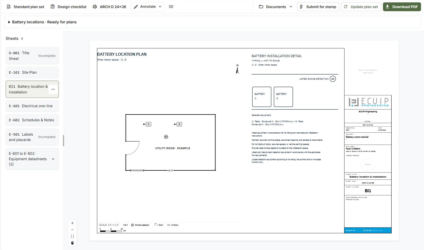 BI1 selected in the plan viewer, showing the sample room location plan beside the separate battery installation detail.
