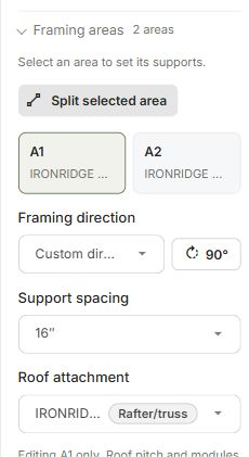A1 selected in Framing areas, with direction, 16-inch support spacing and a Rafter/truss attachment. Values shown are for the example only.
