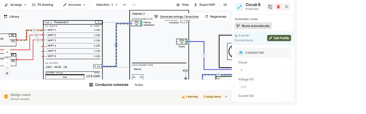 Selected circuit B connects Powerwall 3 AC output to the Gateway 3 internal panelboard.