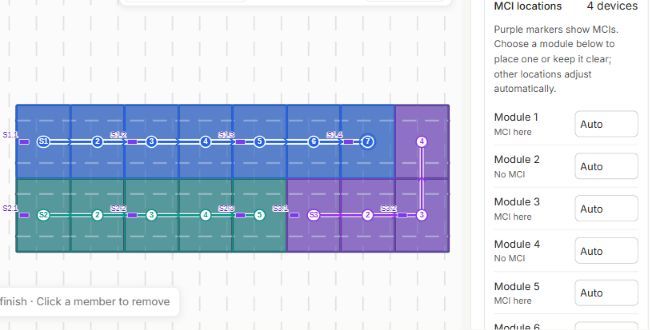 Selected seven-module string with four automatic MCI locations and module-level Auto controls.