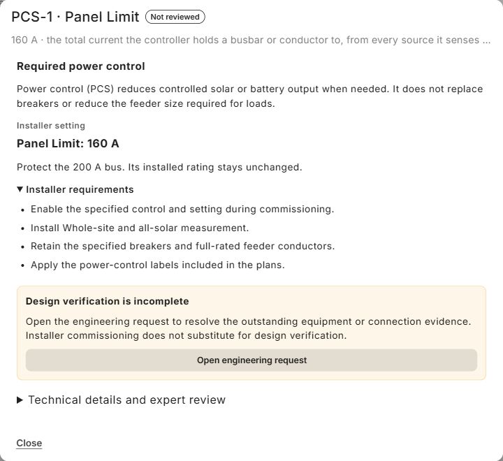 PCS card showing a 160 A Panel Limit for a 200 A bus, installer requirements, and an unresolved design-verification notice.