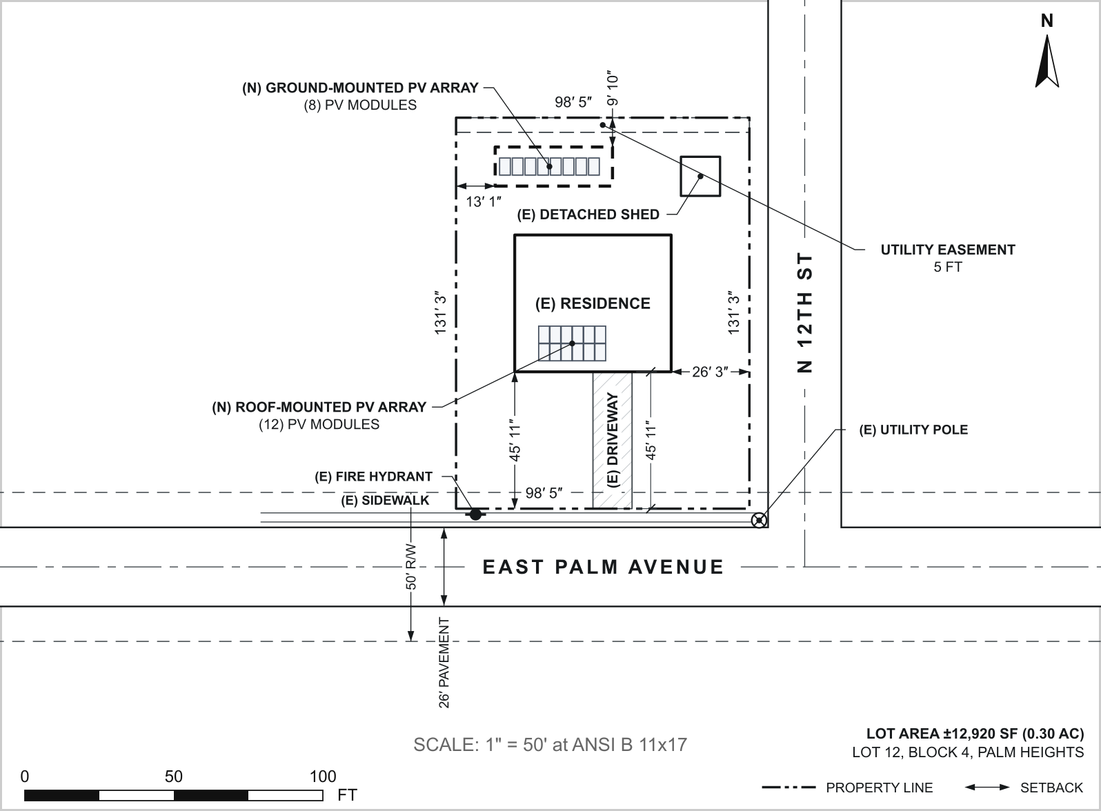 Example plot plan showing a corner lot, residence, roof and ground solar arrays, streets, property dimensions, setbacks and a scale bar.