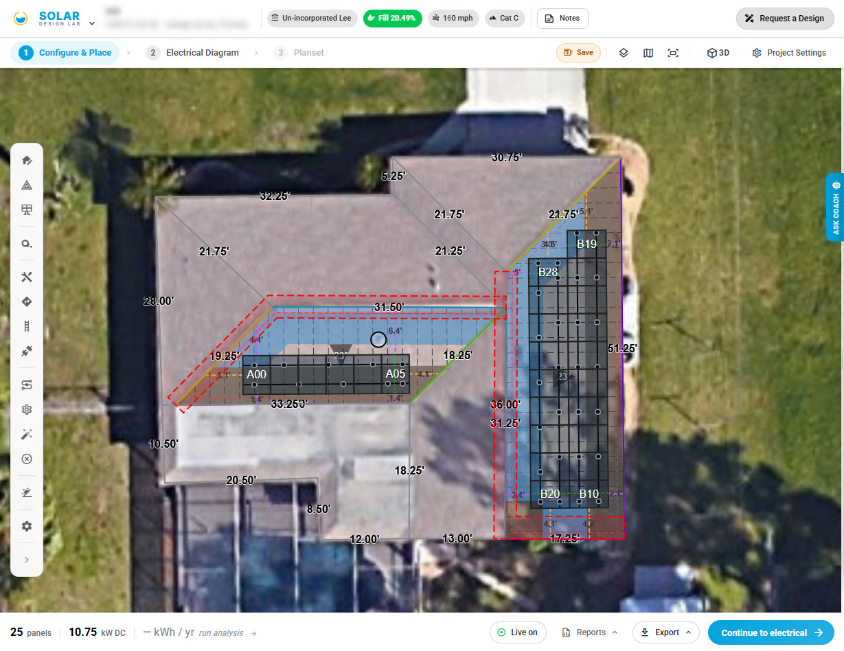 Solar Design Lab interface showing a residential roof with panels placed, AHJ checks running live, and an engineer reviewing in the project thread