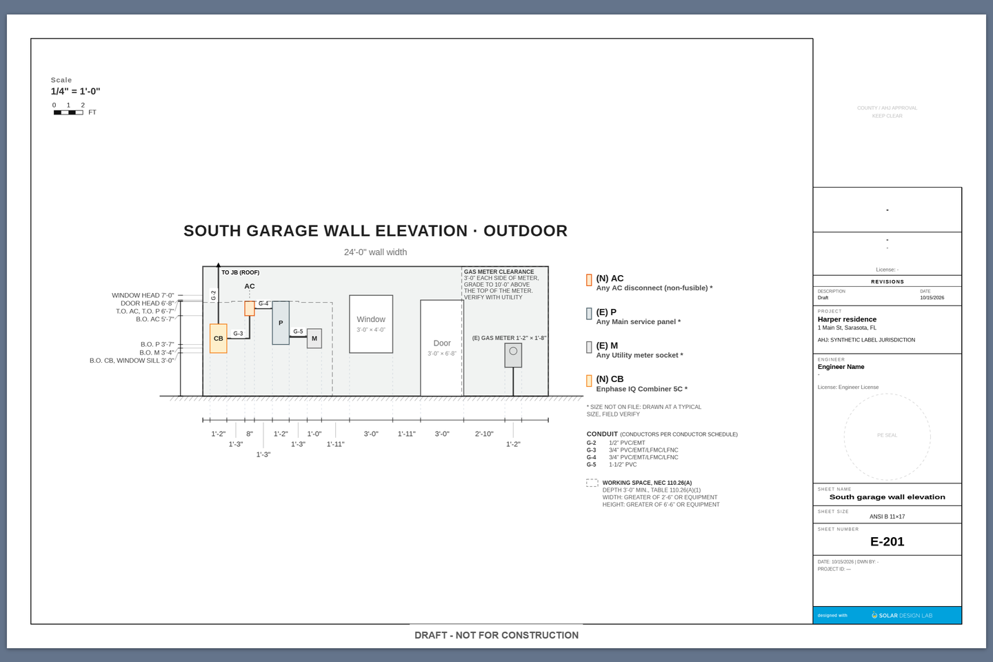 Example south garage wall elevation with equipment, a roof conduit exit, window, door, gas meter, dimensions and equipment key